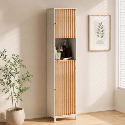 Narrow Freestanding Tall Storage Cabinet with Bamboo Slatted Doors, Adjustable Inner Shelves, Slim Linen Tower for Bathroom, Laundry Room and Small Spaces
