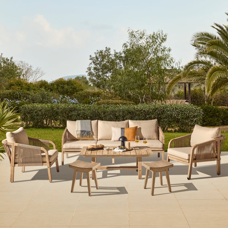 Shiro Wooden Garden Set with 3 Seater Sofa - 2 Shiro Armchairs - 2 Stools & Coffee Table
