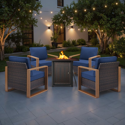 Ensemble de mobilier de patio pour 4 personnes avec foyer, table de conversation en osier toutes saisons avec chaise et coussins épais Drazen