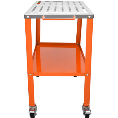 Table de soudage 91 x 46 cm (36 po x 18 po), capacité de charge de 544 kg (1 200 lb), établi de soudage en acier sur roulettes, 4 emplacements pour outils, trous de fixation de 16 mm (5/8 po), établi portatif avec roulettes freinables et verrouillables, plateau à outils