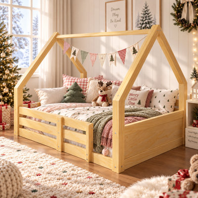 Danuj Full Size Wood House Floor Bed with 3-Sided Guardrails, Grooved Panel Headboard, Montessori-Inspired Low Profile Bed Frame