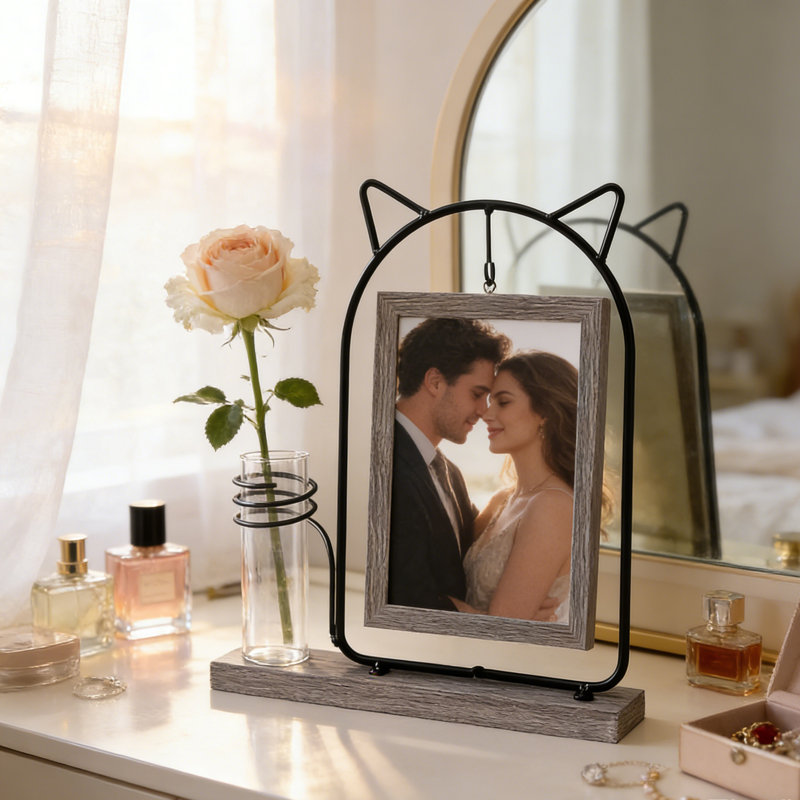 Black Metal Cat Head Double-Sided Picture Frame with Glass Vase - Holds 2 Vertical 4x6 Photos, Rustic Wood Grain MDF Desktop Display, Hydroponics Plant Holder for Home Decor - Unique Wedding, Anniversary, Cat Lover Gift