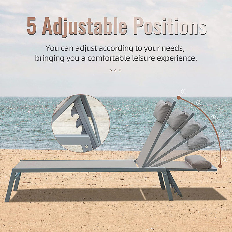 Ensemble de 3 chaises longues de patio, structure en aluminium avec 5 positions réglables, idéale pour la détente en plein air et les bains de soleil