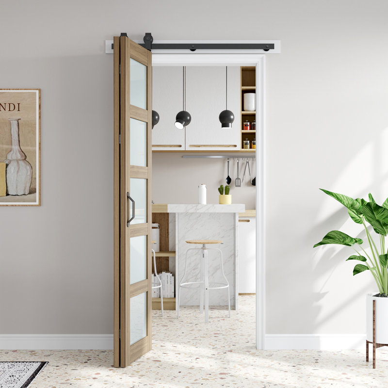 Porte de grange pliante 5 pièces en verre givré et en bois d'épinette massif avec quincaillerie - assemblage facile requis
