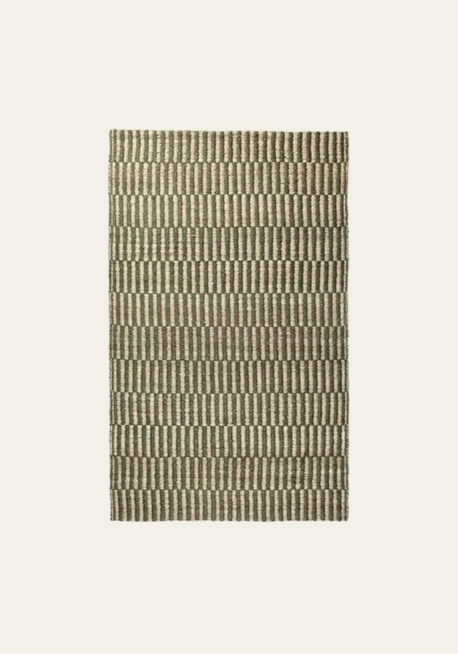 Woven area rug with green and cream striped pattern.