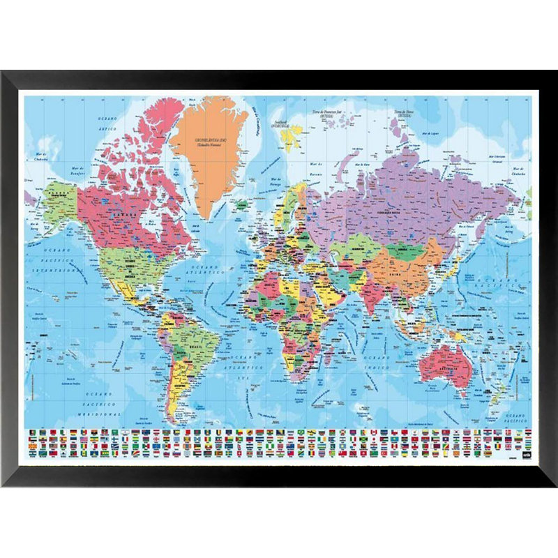 Impression encadrée, carte du monde colorée 36 x 24 cartes, cartes du monde et drapeaux