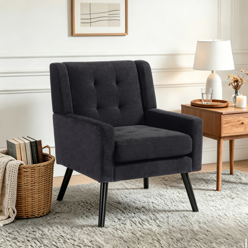 Fauteuil capitonné à dossier large rembourré, Lin noir