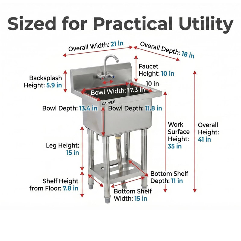 Évier utilitaire autoportant en acier inoxydable 21 po x 18 po x 41 po, double cuve avec plateforme gauche et robinet escamotable, évier de garage pour atelier, salle de bricolage, toilettage pour animaux de compagnie, surface facile à nettoyer