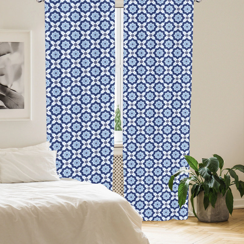 Blue and White Moroccan Pattern Rod Pocket Curtain Panels