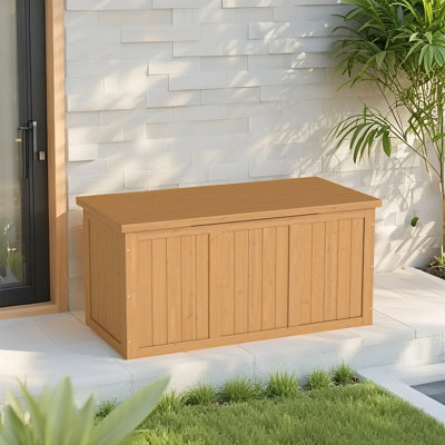 67-Gallon Solid Fir Wood Deck Box - Weatherproof Outdoor Storage with Seat/Table Top, Porch & Poolside Organizer by RUVINCE