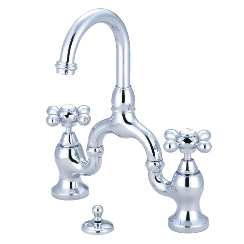 Kingston Brass English Country Two-Handle 3-Hole Deck Mount Bridge Bathroom Faucet with Brass Pop-Up, Polished Chrome