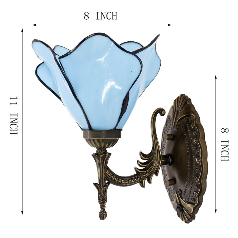 Tiffany Wall Sconce Lamp Blue Stained Glass Flower Style 8X10.5X11 Inch Plug in Wall Bedside Light for Hallway Bedroom (Blue Flower Style)