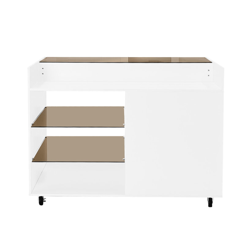 Îlot de rangement de 43,3 po avec 3 tiroirs latéraux, 2 tablettes ouvertes et îlot mobile à solution réversible, blanc, tiroirs en verre pour optimiser l'espace