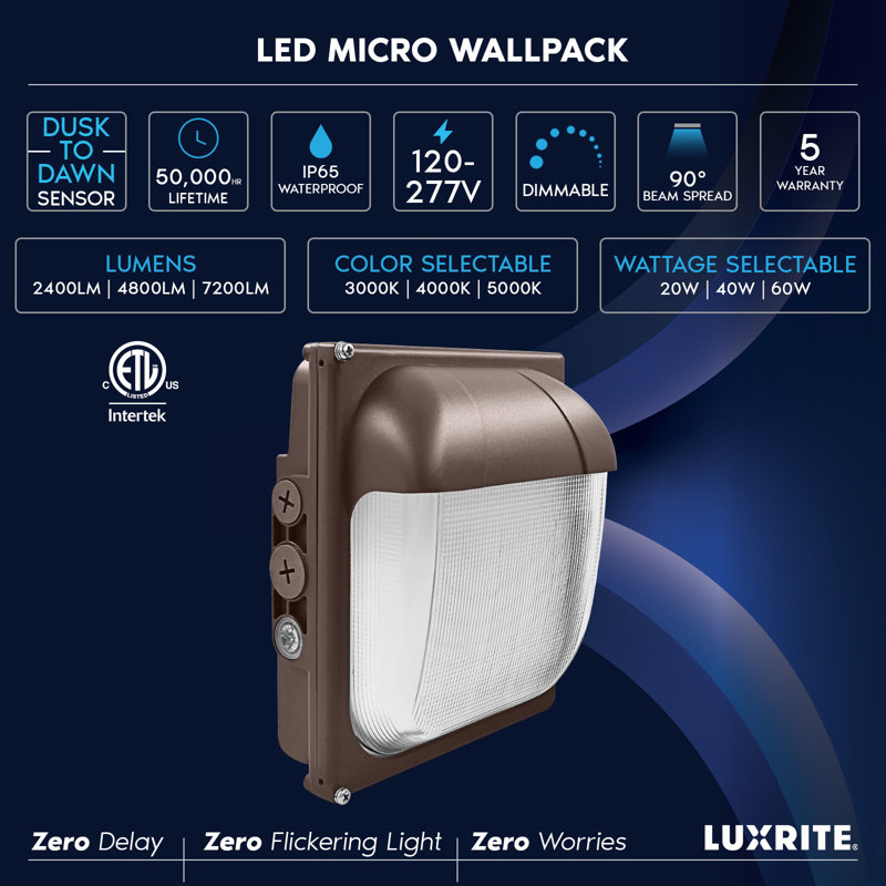 20/40 / 60W Luminaire mural à DEL Photocellule 3CCT 3000K-5000K, 2400-7200LM, éclairage d'extérieur à DEL crépuscule à intensité variable IP65 120-277V