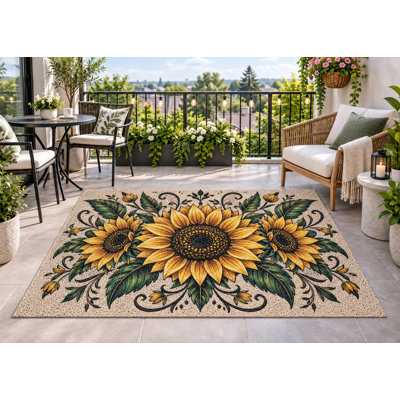 Tapis d'extérieur 5 pi x 7 pi à motif de tournesol robuste et imperméable en PVC à motif de tournesol, tapis de patio robuste, tapis d'extérieur à séchage rapide pour terrasse de véranda