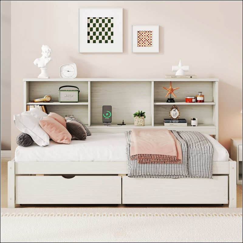 Cadre de lit simple avec tablettes latérales, Blanc crémeux
