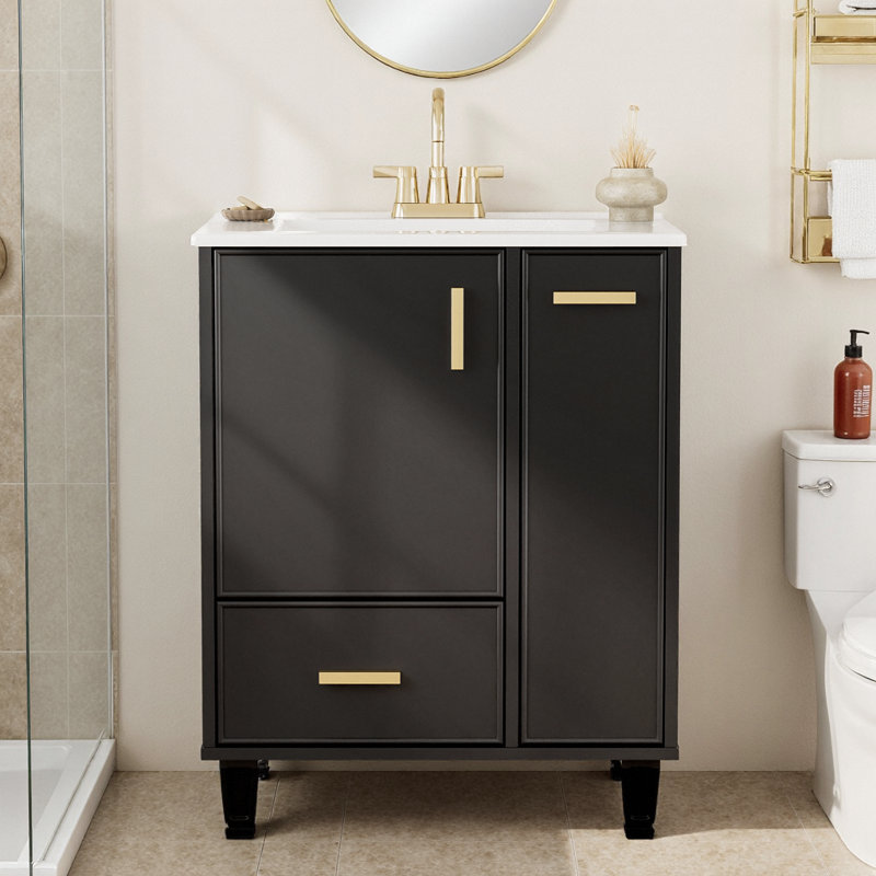 Meuble-lavabo moderne 24 po avec lavabo en céramique, armoire de rangement noire et tiroirs à fermeture en douceur, Noir