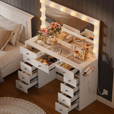 Large 58" White Makeup Vanity with Lighted Mirror & Power Station, 11-Drawer Storage