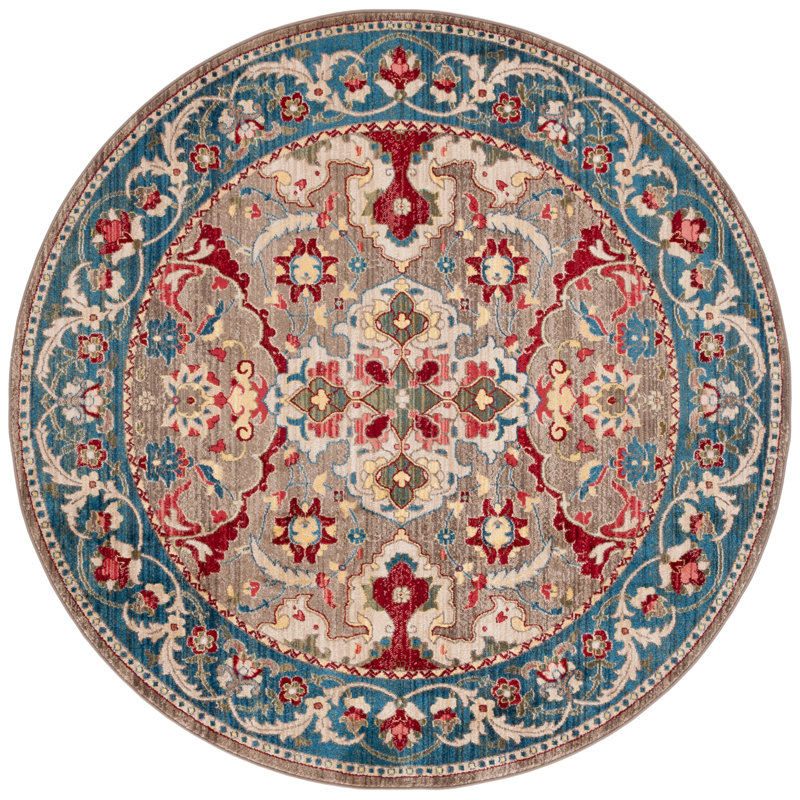Bisen Performance Oriental Rug, Round 6'7", Taupe/Blue