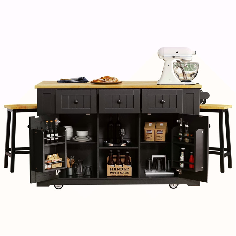 53Inch Large Kitchen Island With 2 Bar Stools, Power Outlet,Door Internal Storage Rack, Kitchen Storage Cart On 5 Wheels With Drop Leaf, 5 Open Side Racks, 3 Drawers(Three Packages)