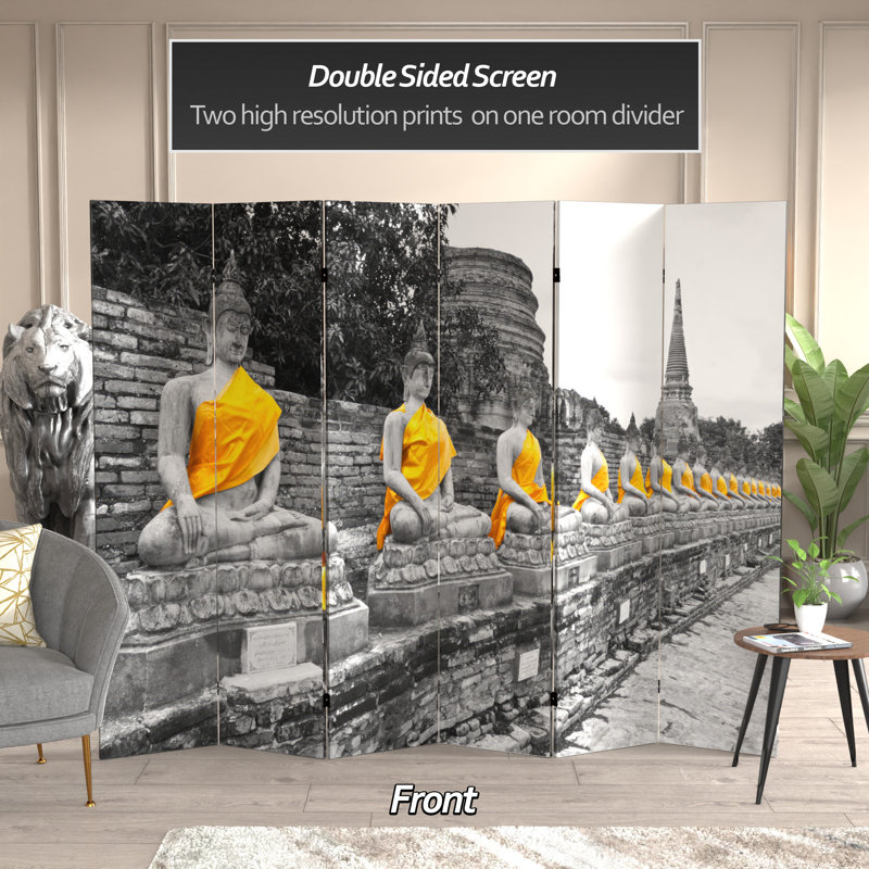 Buddha Art Canvas Folding Room Divider, Black/White
