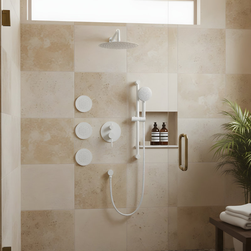 Système de douche avec pomme de douche, douche à main, barre coulissante, jets de corps, bras de douche, tuyau, garniture de valve et poignées à levier