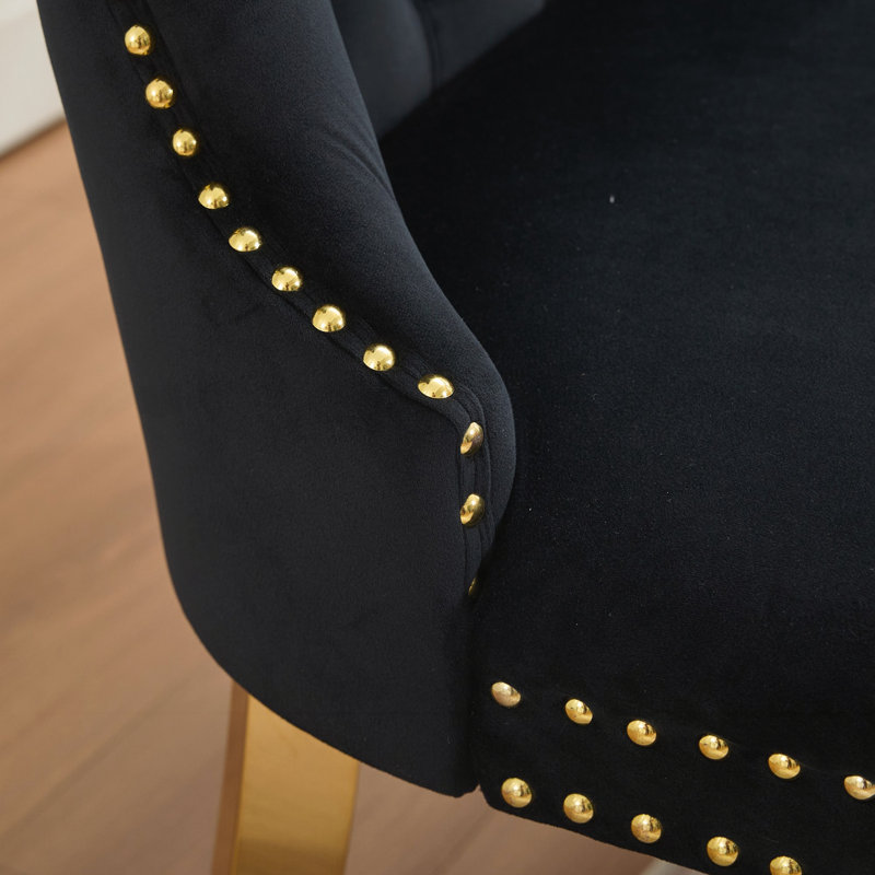 Velvet Tufted Loveseat Bench With Gold-plated Legs, Mid-century Modern, 2-seat Dining Bench, Black, Black, Gold