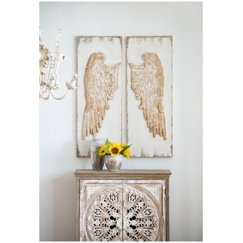 Farmhouse Bedroom Wall Decor - Set of 2 Distressed White Feather Wing Rectangle Hanging Panels