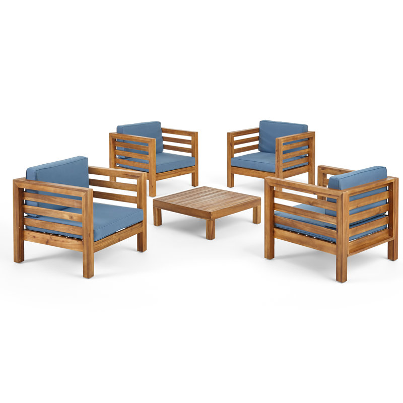Ensemble de conversation de patio pour 4 personnes avec coussins Maher Acacia, Structure teck / coussins bleu