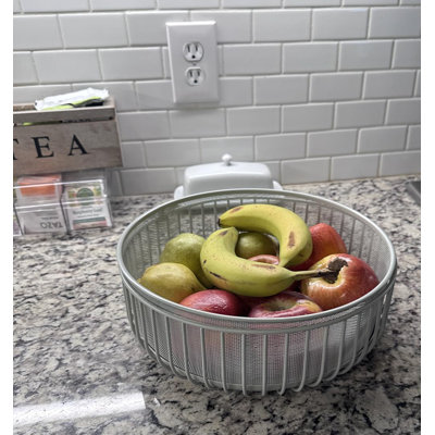 11" Warm Gray Metal Fruit Bowl with Mesh Lid – Space-Saving Counter Organizer for Kitchen & Gatherings