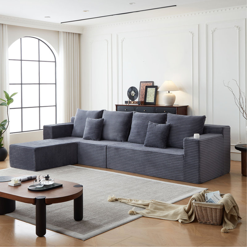 Canapé modulaire profond en velours côtelé avec porte-gobelets, aucun assemblage requis, Gris
