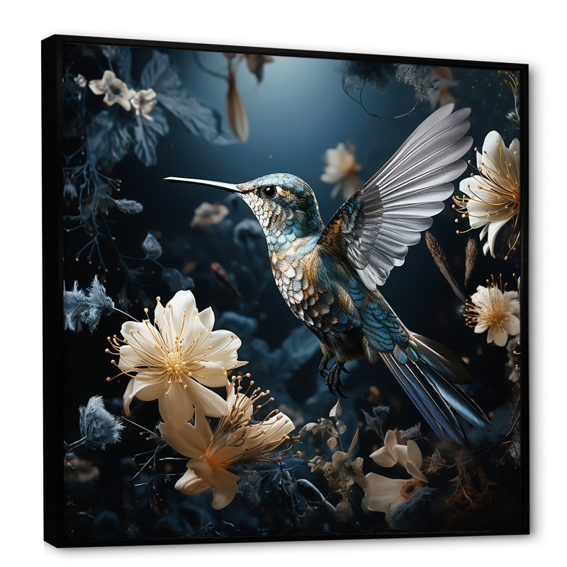 «Midnight floral oiseau Melody 1 - Hummingbird», art mural encadré, H 30 po x l 30 po x P 1,5 po, Cadre flottant noir