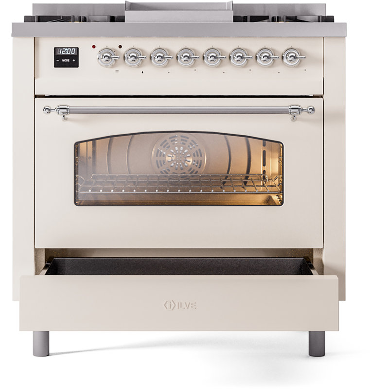 ILVE Nostalgie II 36 Dual Fuel Range, knobs, Antique White/Chrome, Liquid Propane