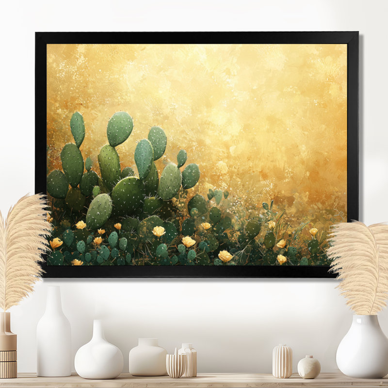 Kohei cactus dans la lumière dorée II - cactus grand, art mural, H 12 po x l 20 po, Avec cadre, Noir