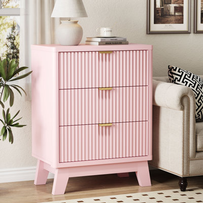 3-Drawer Fluted Nightstand with Storage, 24" Wide Mid Century Modern Bedside Table, End Table with Metal Handles & Splayed Legs, Small Dresser for Bed by George Oliver