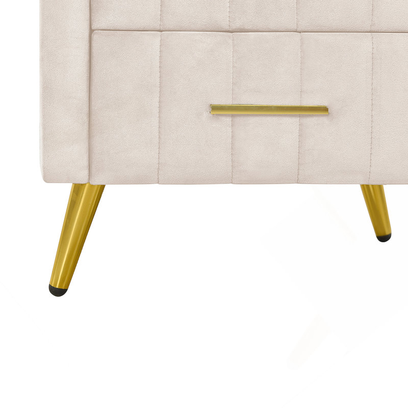 Table de chevet rembourrée en bois avec 3 tiroirs et pieds et poignées en métal, table de chevet, Beige