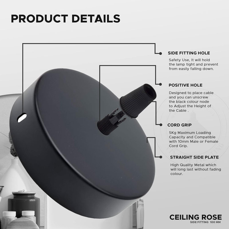 Solarah Single Outlet Ceiling Rose 100Mm Metal Ceiling Rose With Cord Grip And Fitting Accessories, For Ceiling Rose Lighting And Wall Lamp Lighting Kit