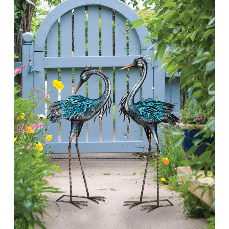 Handcrafted Iridescent Blue and Gray Metal Heron Decor