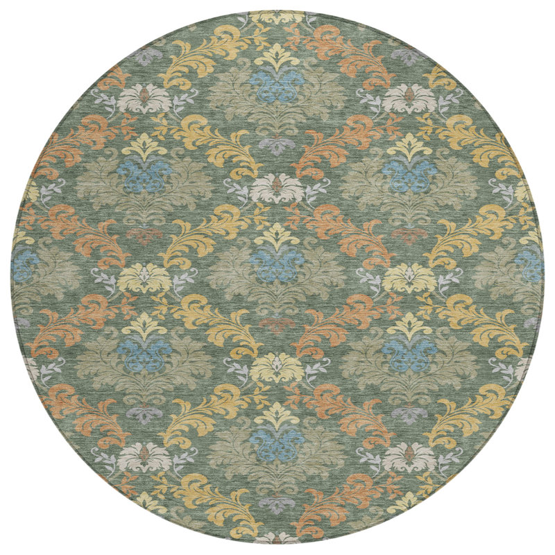 Machine Washable Indoor/Outdoor Chantille ACN2544 Damask Rug, Basil, Round 8'