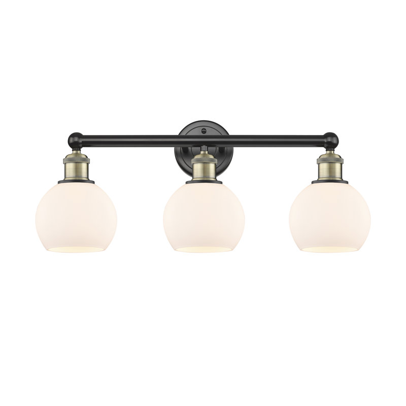 Éclairage pour salle de bain 3 lumières à intensité variable, Blanc mat, Laiton antique noir, H 10,63 po x l 24 po x P 7,5 po