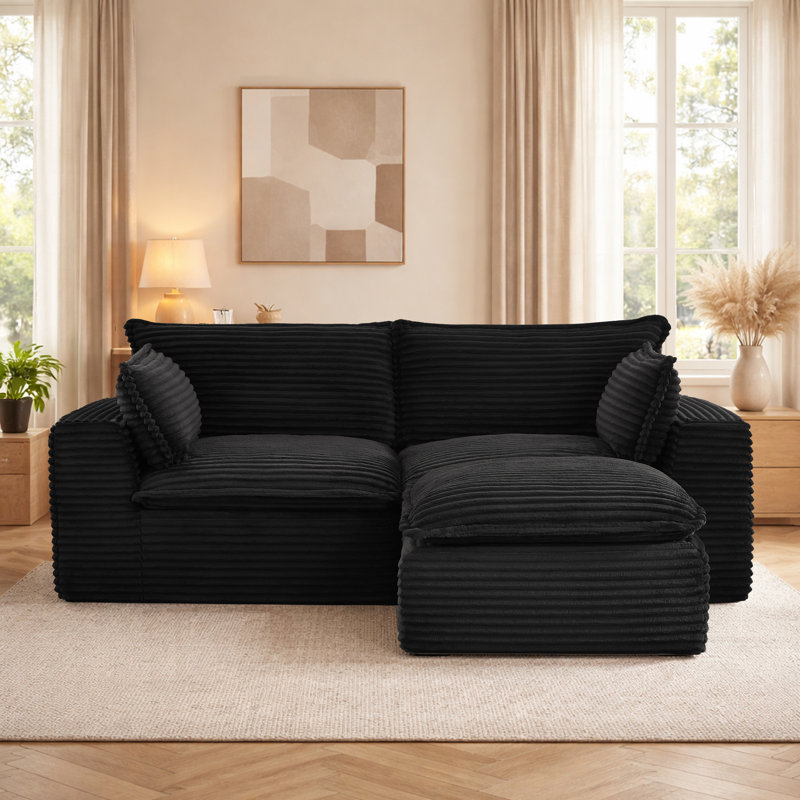 78.8"Cloud Modular Sectional Sofa With Ottoman, No Assembly Required, Black Corduroy