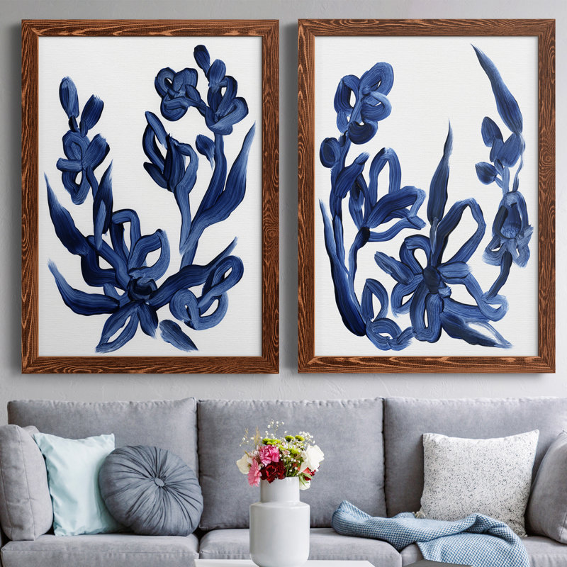 Indigo brossé Blooms I, toile encadrée de qualité supérieure - prête à être accrochée, Toile encadrée érable