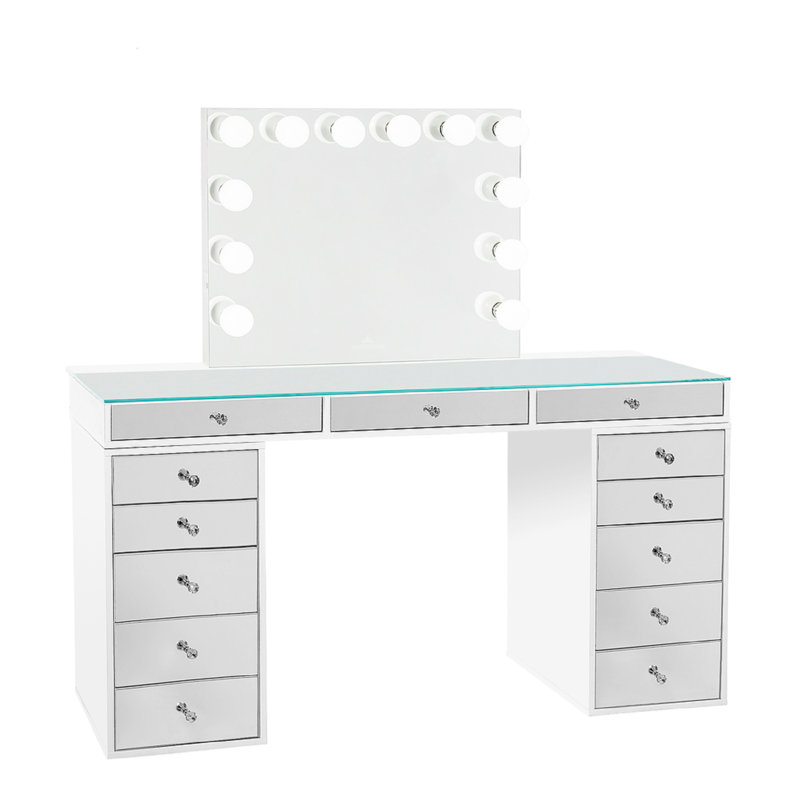 SlayStation Pro 2.0 Makeup Desk with Vanity Mirror, Lighted Makeup Vanity with 5 Drawers Unit, Bright White