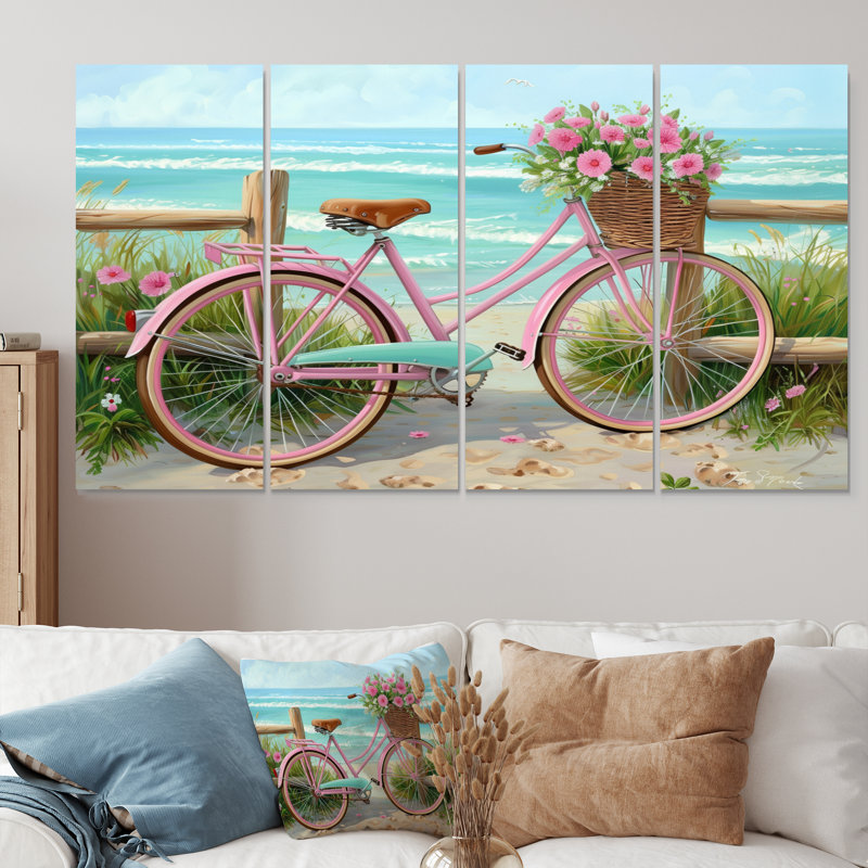 Pink Bicycle With Pink Roses On Beach Path - Coastal Wall Art Print Set, 28" H x 48" W