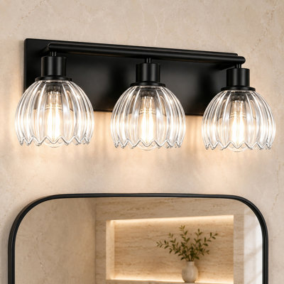 Éclairage pour meuble-lavabo de salle de bain 3 lumières noir mat, applique murale moderne en verre transparent nervuré tulipe, luminaire mural industriel en métal pour meuble-lavabo, miroir, couloir, base E26, ampoule non incluse
