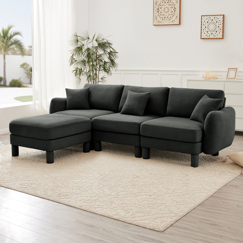 Canapé en forme de L avec repose-pieds amovible Modern Boucle, Boucle gris