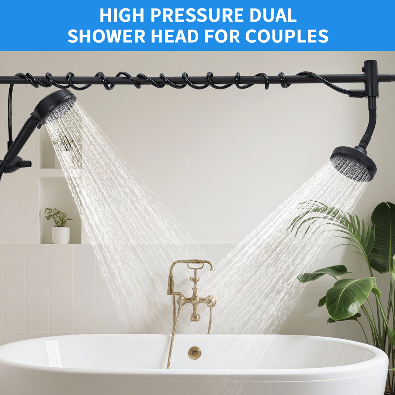Double Shower Head, High Pressure Tandem Shower, 7-Setting Handheld Shower Head, Filter Shower Head 360 Degrees Adjustable Top Spray