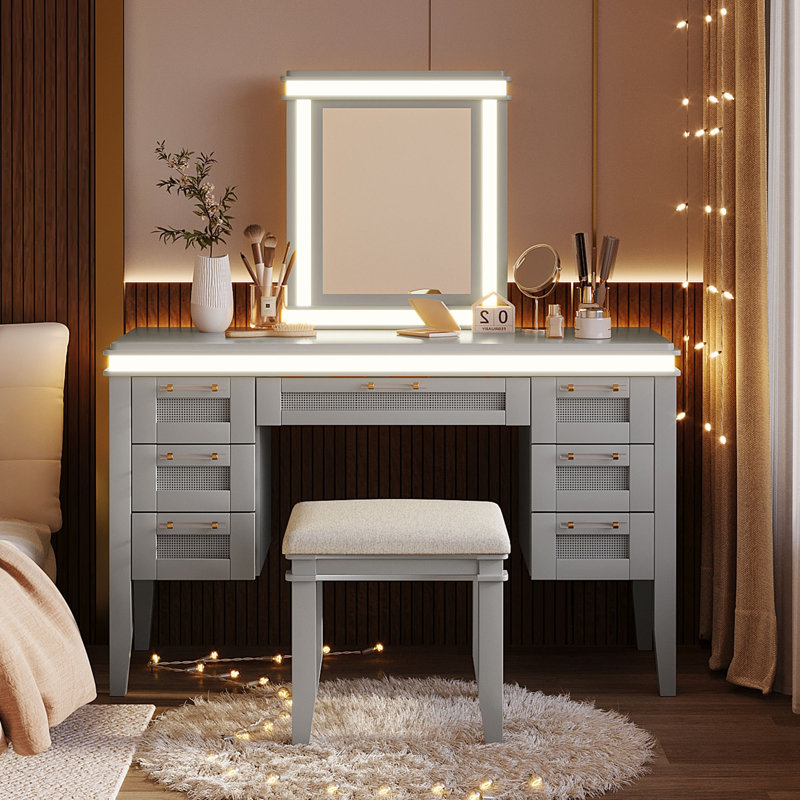 Vanity Desk with Mirror and Lights, Makeup Vanity with Drawers and Cushioned Stool, Grayish Blue