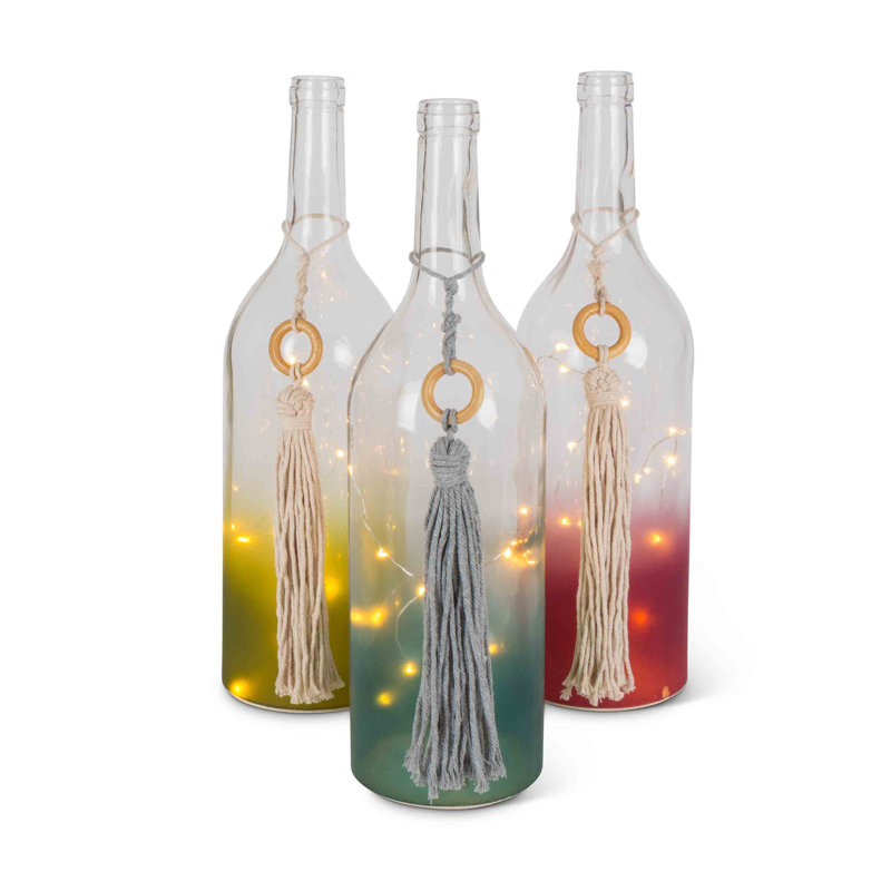 Assortiment de bouteilles de vin ombrées givrées avec pampilles en coton, lumières blanc chaud et minuterie (ensemble de 3)