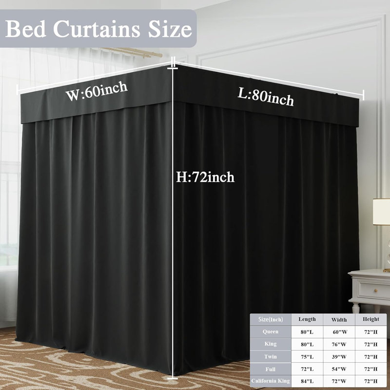 Black Canopy Bed Drapes - 4 Corner Post Canopy Queen Bedroom Decoration (Queen, Black)